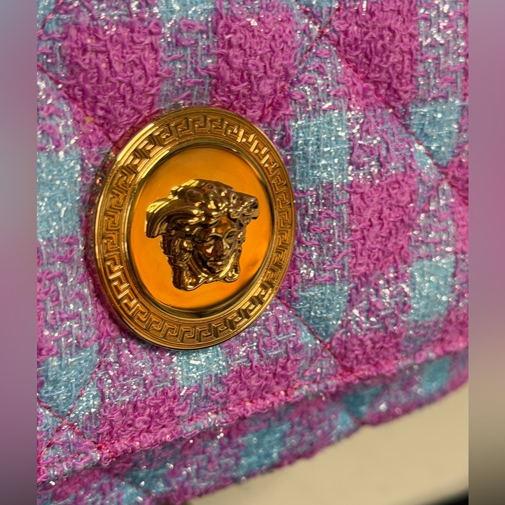 Versace La Medusa Gold Logo Medallion Boucle Tweed Quilted Flap Shoulder Bag NWT - Picture 2 of 16